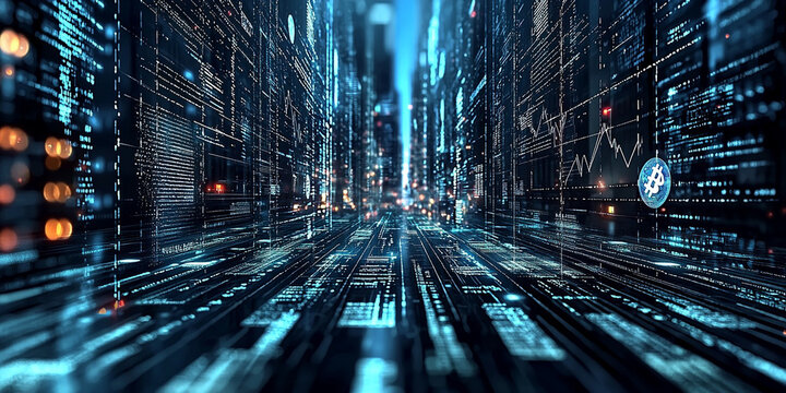 vibrant and futuristic image depicting the evolution of cryptocurrency through decentralized finance, blockchain technology, and Web3. The bright, neon-colored digital world highlights digital assets,