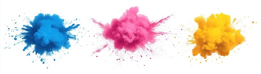 Vibrant splashes of blue, pink, and yellow powder create a dynamic, colorful display on a white background.