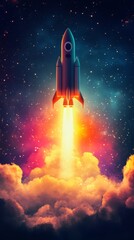 Rocket Launch into the Cosmos: A powerful rocket ascends through a vibrant nebula, its fiery trail illuminating the clouds below, symbolizing ambition, innovation, and the pursuit of the unknown. 