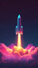Obraz premium Rocket Launch: A vibrant, stylized rocket ascends through a cosmic dreamscape of pink and purple clouds, its fiery trail illuminating the night sky. A powerful symbol of ambition, innovation.