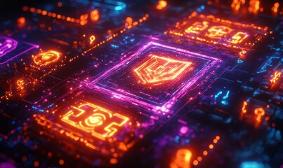 Fototapeta premium Neon symbols glow on a futuristic circuit board.