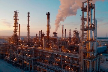 Fototapeta premium Industrial landscape illuminated by sunset at an oil refinery complex. Generative AI