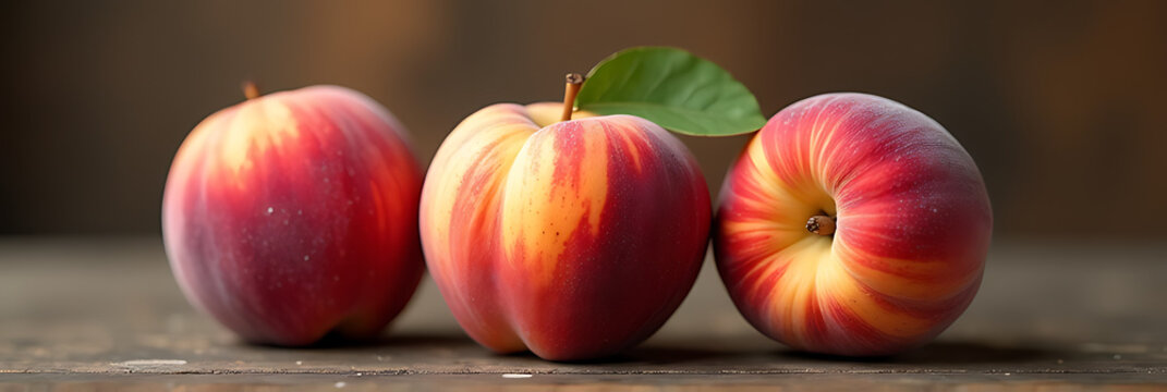 Three fresh peaches rest on a rustic surface in a vibrant image, evoking a sense of freshness and natural beauty generated by AI._00001_