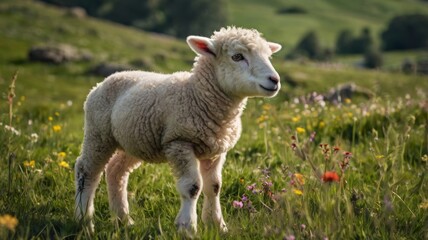 Fototapeta premium A fluffy lamb grazing in a lush green meadow, surrounded by wildflowers, embodying the essence of spring and innocence in a pastoral setting