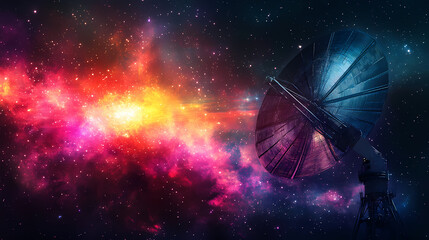 Unknown origin radio signal waves coming from deep space in a colorful nebula and millions of stars with galaxies and universe background. Stellar. Illustration