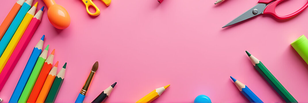 School supplies are showcased on a vibrant pink background along with various writing tools including pencils, pens, scissors, and paintbrushes._00001_