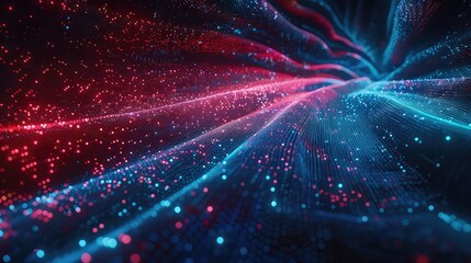 A digital landscape made up of glowing red and blue dots that form wavy