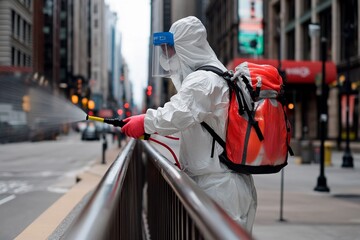 Urban sanitation worker disinfecting city streets amidst the pandemic. Generative AI