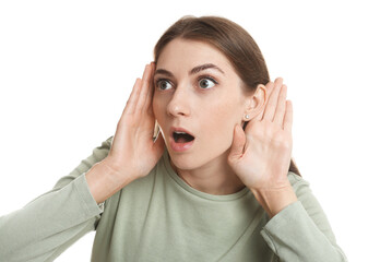 Woman showing hand to ear gesture on white background