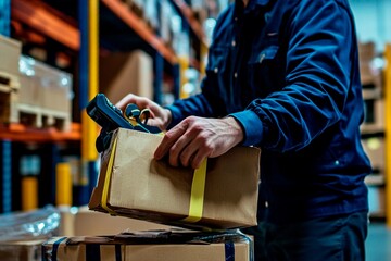 Worker handling package with barcode scanner in bustling warehouse setting. Generative AI