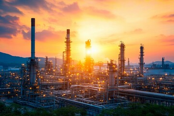 Fototapeta premium Sunset over a sprawling industrial complex amidst vibrant skies and smoky silhouettes. Generative AI