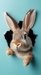 Obraz premium Curious Bunny: a fluffy bunny peers through a torn hole against a soft-blue backdrop. This endearing shot captures its inquisitive nature, promising a dash of playful energy to any creative endeavor.