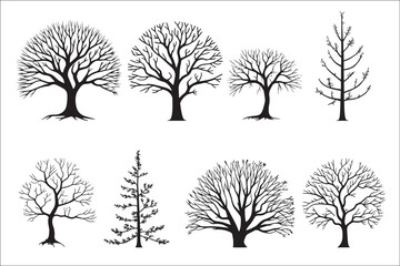 Fototapeta premium Various black tree silhouettes on white background.