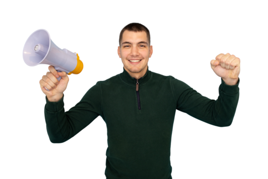 Young man using a megaphone to address a crowd