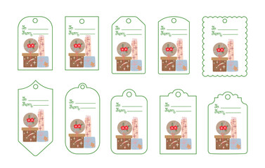 Christmas gifts tags set hand drawn cartoon vector illustration, collection of printable festive templates, holiday labels seasonal decor for Advent Calendar, new Year events