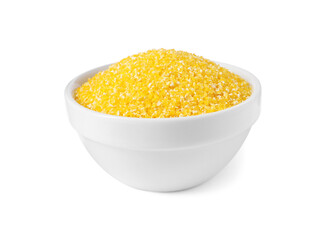 Raw cornmeal in bowl isolated on white