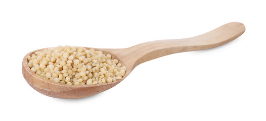 Raw couscous in wooden spoon isolated on white