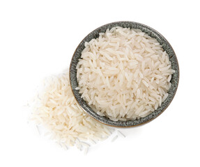 Raw rice in bowl isolated on white, top view