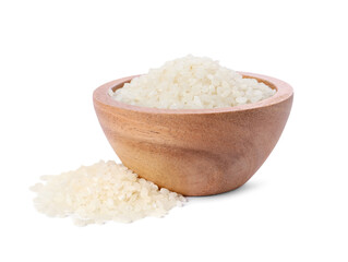 Raw rice in wooden bowl isolated on white