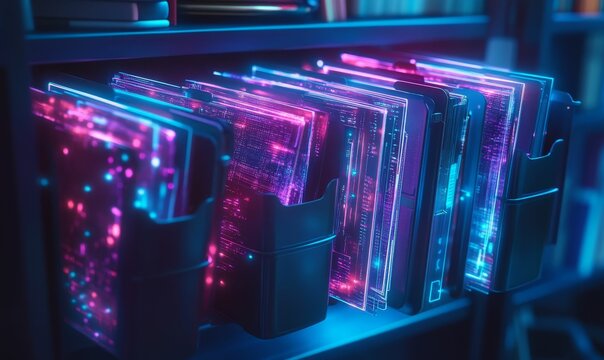 Glowing digital files in dark shelf.