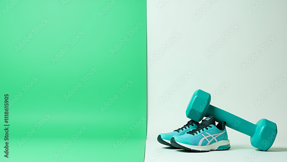 Poster image of dumbbells and sneakers set against a bicolor green and white background on a sports mat wit