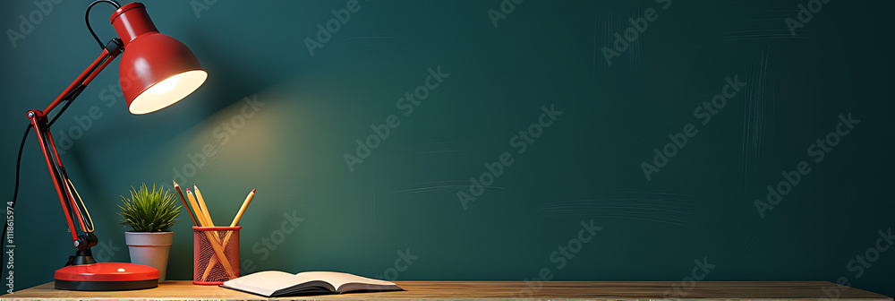 Poster Image features a blackboard isolated background with school supplies and a desk lamp, perfect for adding your own text or advertisement._00001_
