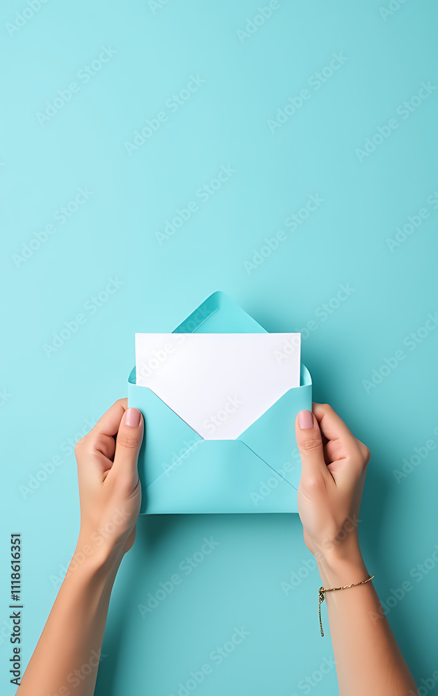 Poster hands grasping a blue envelope and white card in front of an empty, pastel blue space devoid of dist