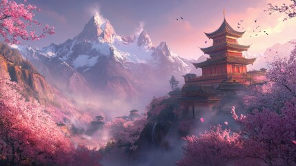 Fototapeta premium Serene asian pagoda amidst cherry blossoms