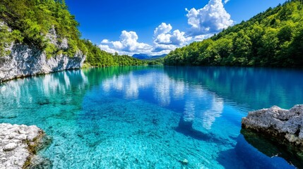 Serene Mountain Lake Reflection in Nature - A stunning lake surrounded by lush greenery and mountains, reflecting clear blue skies and fluffy clouds, symbolizing tranquility and natural beauty.