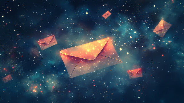 Sending love letters through space with galaxy stamps, romantic, soft glow, illustration, celestial messages. Stellar. Illustration