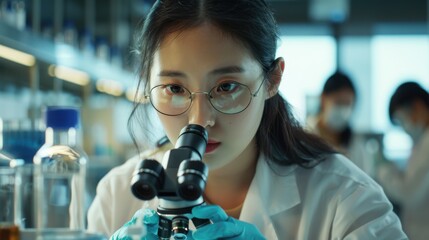 Asian female scientist analyzing petri dish samples under a microscope in a state-of-the-art pharmaceutical lab. Colleagues working on biotech research