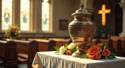 Solemn tribute featuring a beautiful funeral urn surrounded by flowers in a serene church setting during a memorial service