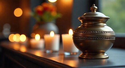 Elegant funeral urn with candles and flowers creating a serene atmosphere for remembrance and farewell
