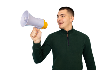 Young man using a megaphone to address a crowd