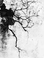 Obraz premium Cracked Concrete Texture: Abstract black and white image of a cracked concrete surface with tree branches pattern, creating a dramatic and moody artistic effect. 