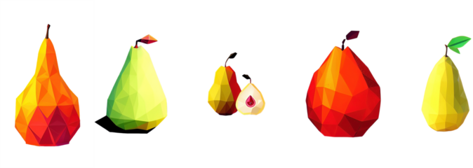 Polygonal pears fruits isolated on white. Different pears in the polygonal style