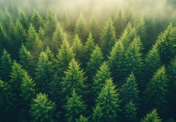 Fototapeta premium Lush Evergreen Forest Canopy in Morning Light with Mist and Dew, Capturing the Tranquility and Beauty of Nature's Greenery and Serenity