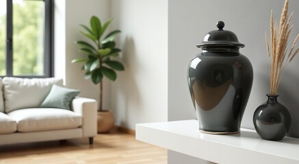 Elegant funeral urn graces a serene living space, symbolizing remembrance and connection to lost loved ones