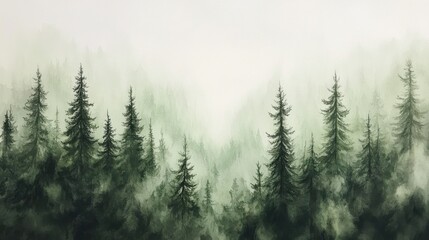 Fototapeta premium Serene watercolor landscape with pine trees