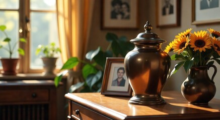 Memorial tribute featuring a funeral urn and sunflowers in a serene, sunlit room