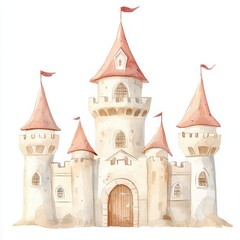 Fototapeta premium Watercolor fantasy castle illustration enchanted forest setting artistic design magical atmosphere serene viewpoint