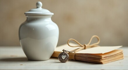 Solemn memorial urn accompanied by a locket and bound journal, honoring a cherished memory and...