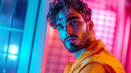 Stylish Man in Vibrant Neon Lighting - A striking portrait of a young man illuminated by colorful neon lights, showcasing modern fashion and a captivating expression
