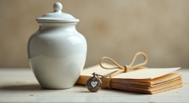 Solemn memorial urn accompanied by a locket and bound journal, honoring a cherished memory and commemorating a life well-lived