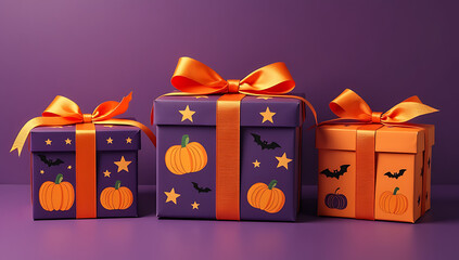 Gift boxes with orange ribbons feature illustrations of pumpkins, bats, and other autumnal decorations on a rich purple background._00001_