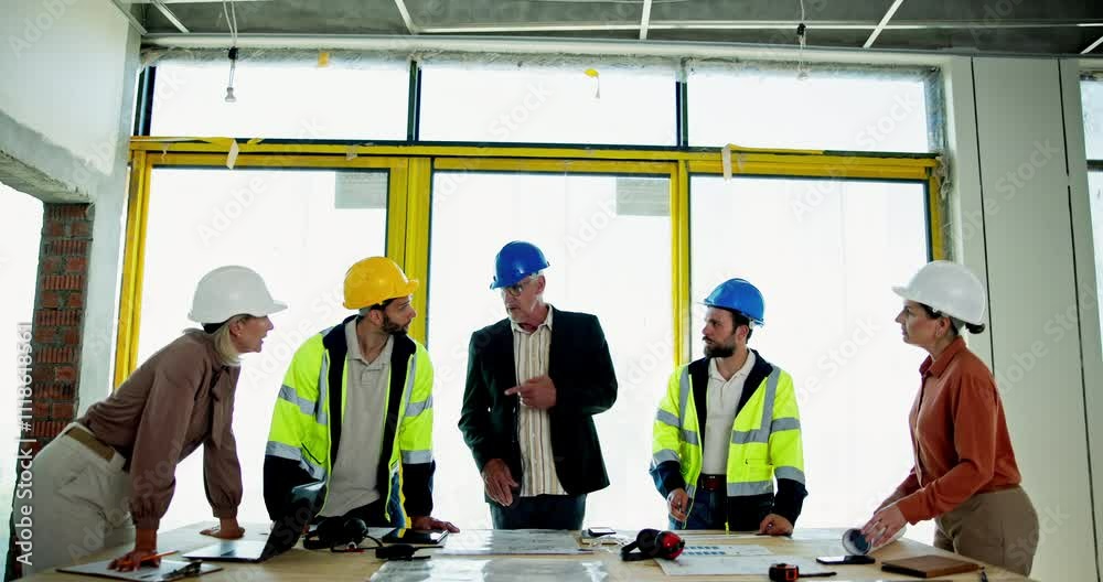 Aufkleber Meeting, industry and construction team on site with blueprint for building maintenance. Discussion, planning and group of civil engineers work on architecture project for property development.