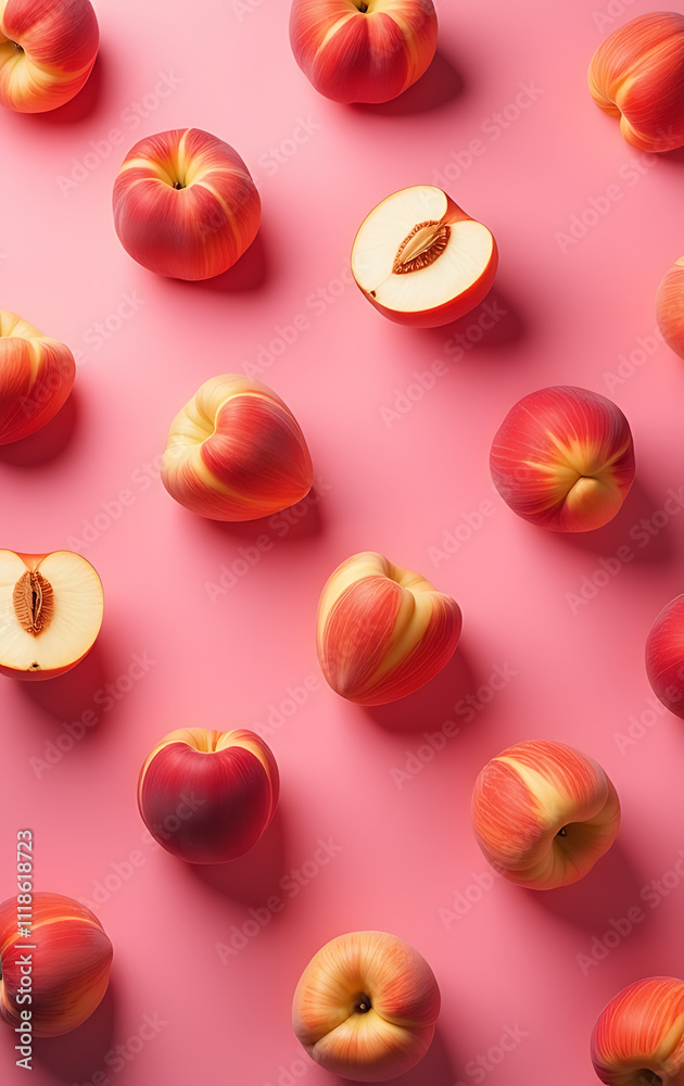 Aufkleber fresh peaches are arranged in a seamless pattern on a bright pink background from the perspective of