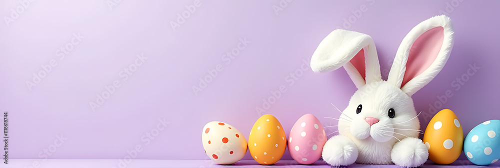 Poster fluffy bunny ears and colorful easter eggs sit atop a soft lilac background with plenty of space for