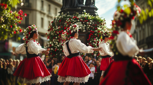 D&iacute;a de San Sebasti&aacute;n, traditional Basque dancers wearing red and white costumes dancing in front of the statue of San Sebasti&aacute;n decorated with flowers, Ai generated images