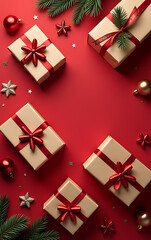 Flat lay top view of earthy gift boxes adorned with red and gold ornaments on a cheerful red backdrop with festive decorations._00001_